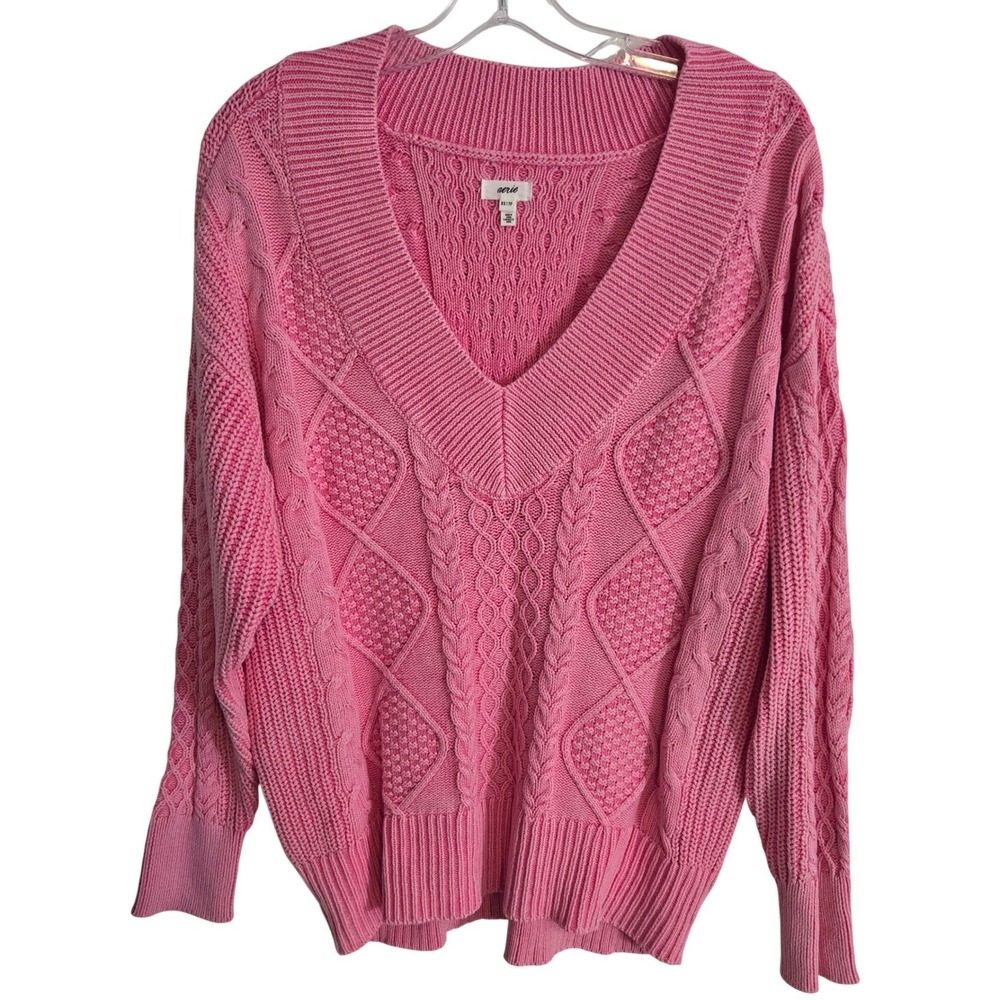 Aerie Pink Cable Knit Sweater Women's XS Chunky V Neck Preppy Cozy Oversized